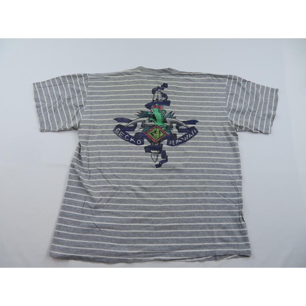 90s Gecko Hawaii T-Shirt Gray White Striped Made in USA Sz XL